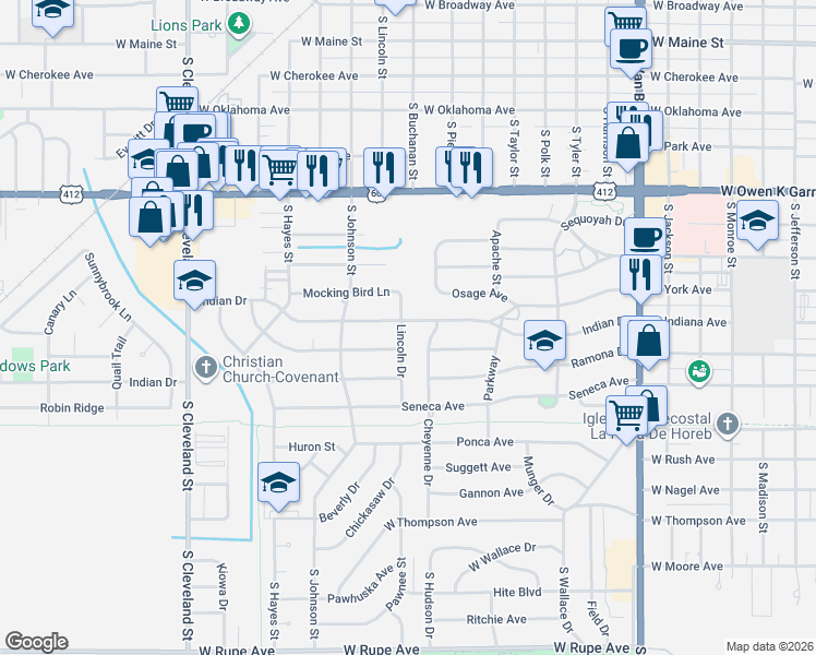 map of restaurants, bars, coffee shops, grocery stores, and more near 1618 Indian Drive in Enid