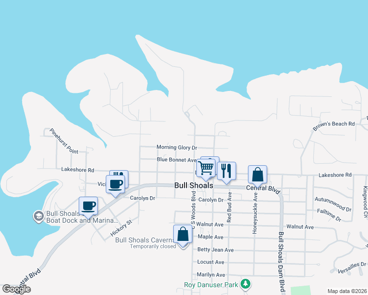 map of restaurants, bars, coffee shops, grocery stores, and more near 1049 Morning Glory Drive in Bull Shoals
