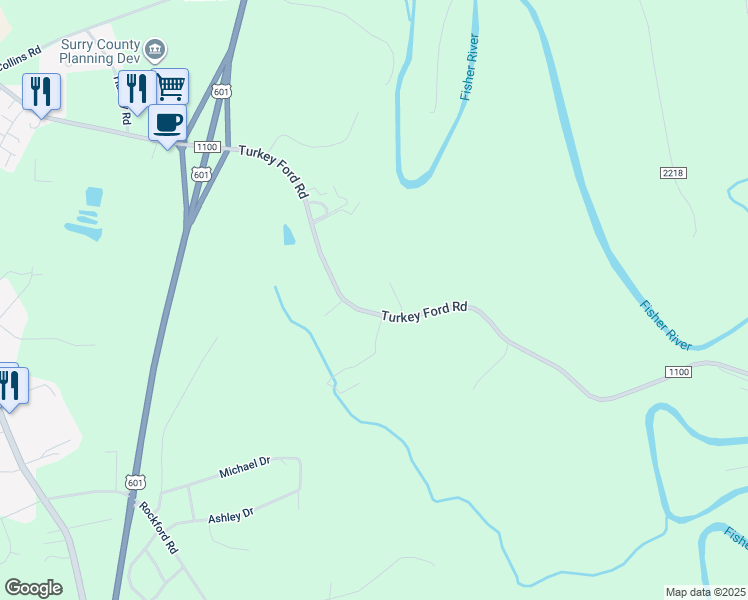 map of restaurants, bars, coffee shops, grocery stores, and more near 389 Turkey Ford Road in Dobson