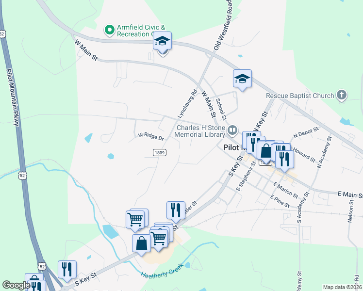 map of restaurants, bars, coffee shops, grocery stores, and more near 122 Blalock Court in Pilot Mountain