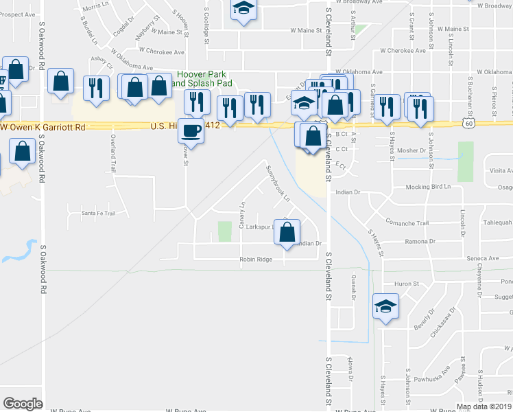 map of restaurants, bars, coffee shops, grocery stores, and more near 931 Cardinal Place in Enid