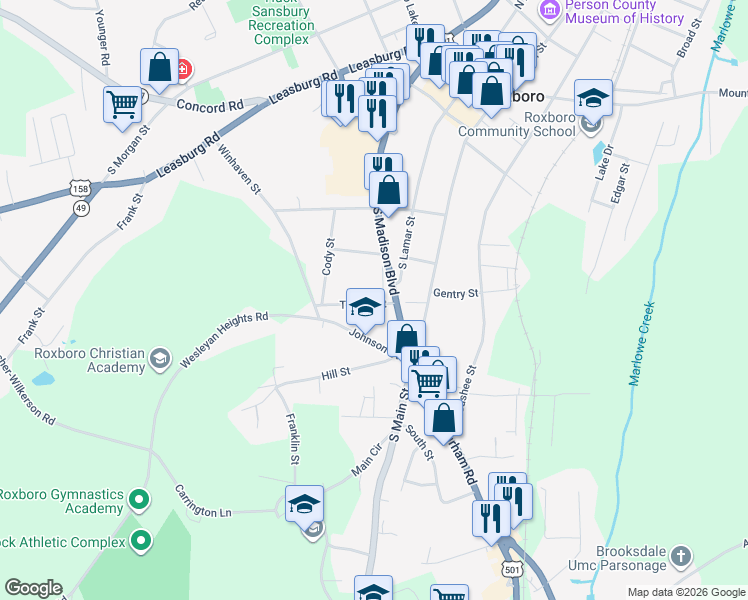 map of restaurants, bars, coffee shops, grocery stores, and more near 527 Booth Street in Roxboro