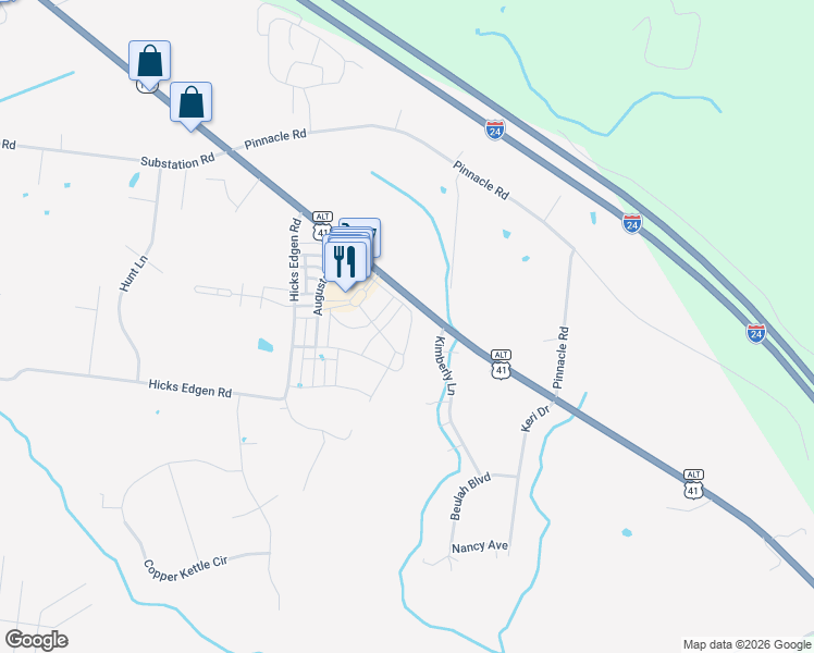 map of restaurants, bars, coffee shops, grocery stores, and more near 101 Kimberly Lane in Pleasant View