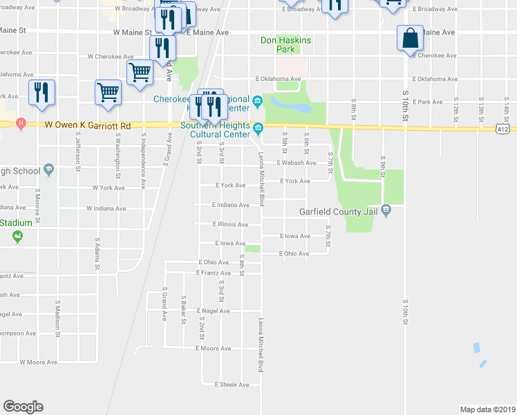 map of restaurants, bars, coffee shops, grocery stores, and more near 421 East Indiana Avenue in Enid