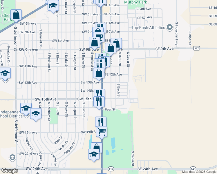 map of restaurants, bars, coffee shops, grocery stores, and more near 1300 South Ash Street in Perryton