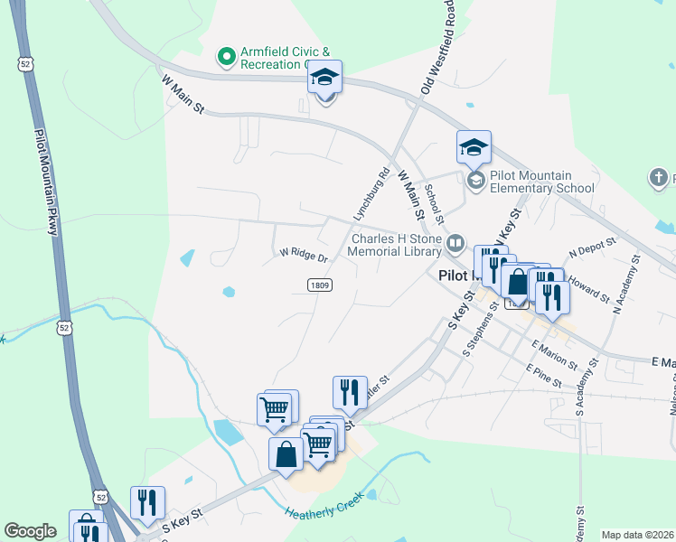 map of restaurants, bars, coffee shops, grocery stores, and more near 300 Lynchburg Road in Pilot Mountain