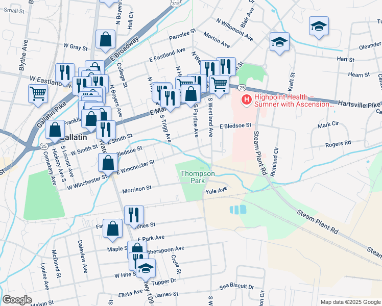 map of restaurants, bars, coffee shops, grocery stores, and more near 334 East Winchester Street in Gallatin