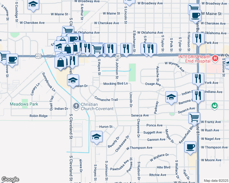 map of restaurants, bars, coffee shops, grocery stores, and more near 999 South Johnson Street in Enid