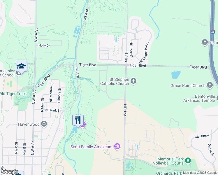 map of restaurants, bars, coffee shops, grocery stores, and more near 1206 Northeast Buckingham Boulevard in Bentonville