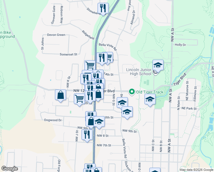 map of restaurants, bars, coffee shops, grocery stores, and more near 1235 Apple Glen Street in Bentonville