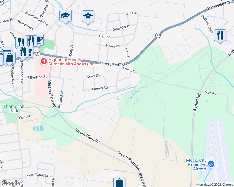 map of restaurants, bars, coffee shops, grocery stores, and more near 877 Leigh Lane in Gallatin