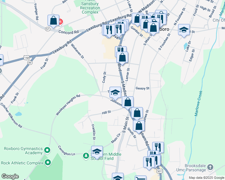 map of restaurants, bars, coffee shops, grocery stores, and more near 118 Trotter Street in Roxboro