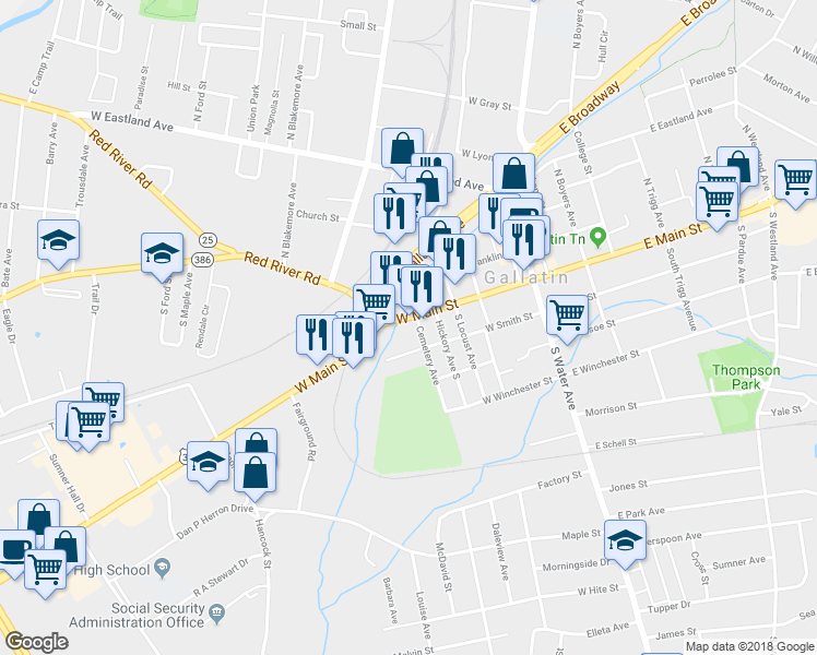 map of restaurants, bars, coffee shops, grocery stores, and more near 233 W Main St in Gallatin