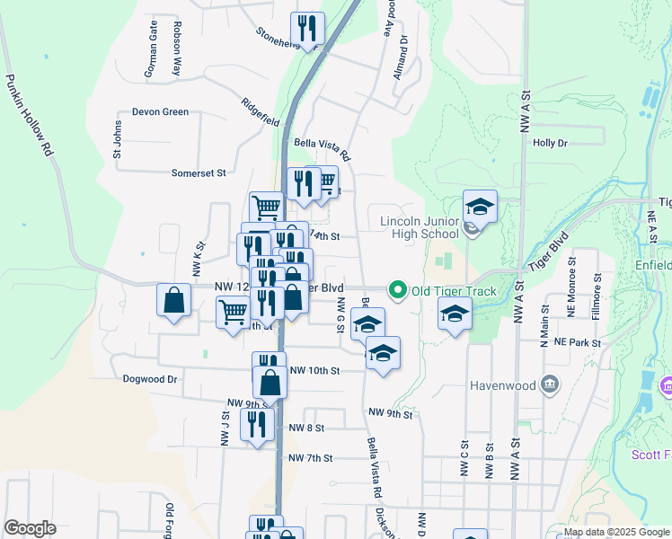 map of restaurants, bars, coffee shops, grocery stores, and more near 703 Northwest 13th Street in Bentonville