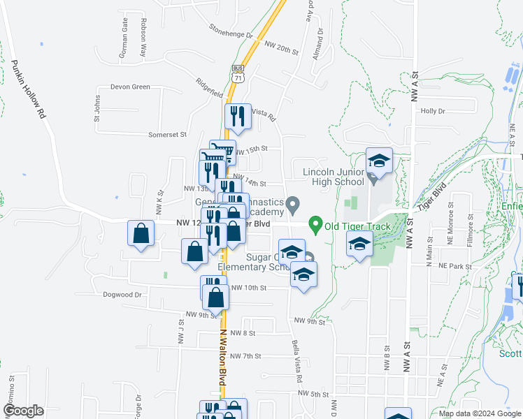 map of restaurants, bars, coffee shops, grocery stores, and more near 1235 Apple Glen Street in Bentonville