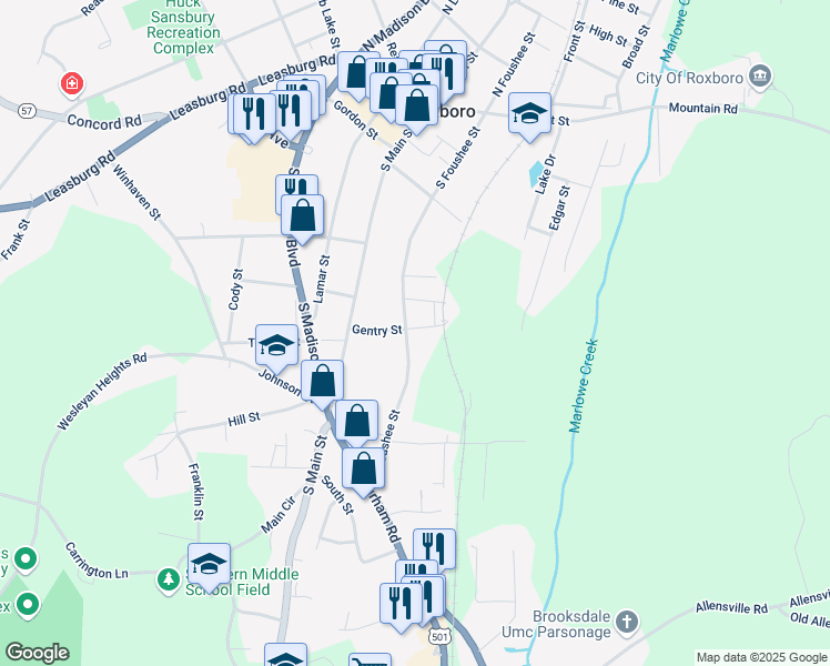 map of restaurants, bars, coffee shops, grocery stores, and more near 205 Gentry Street in Roxboro