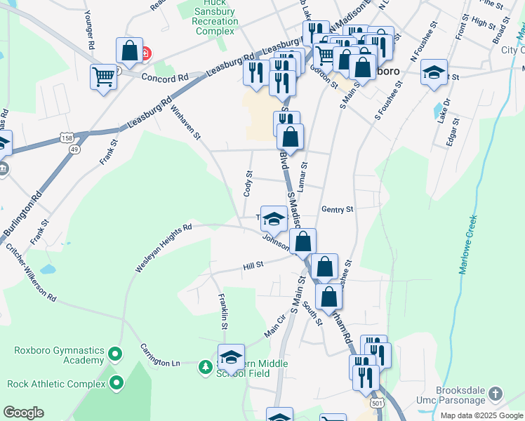 map of restaurants, bars, coffee shops, grocery stores, and more near 118 Trotter Street in Roxboro