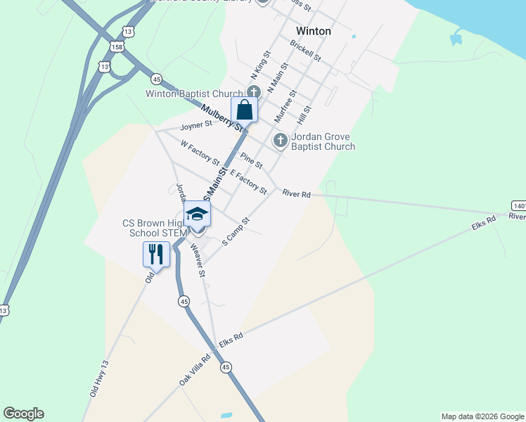 map of restaurants, bars, coffee shops, grocery stores, and more near 305 South Camp Street in Winton