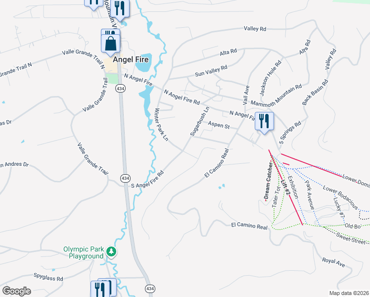 map of restaurants, bars, coffee shops, grocery stores, and more near 20 South Angel Fire Road in Angel Fire