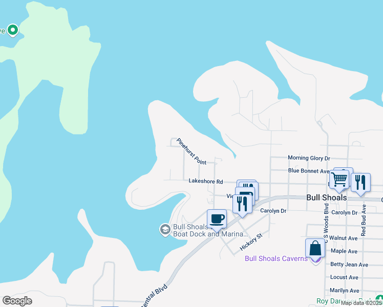 map of restaurants, bars, coffee shops, grocery stores, and more near Pinehurst Point in Bull Shoals