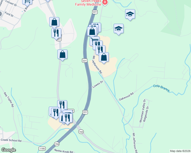 map of restaurants, bars, coffee shops, grocery stores, and more near 1604 Mount Jefferson Road in West Jefferson