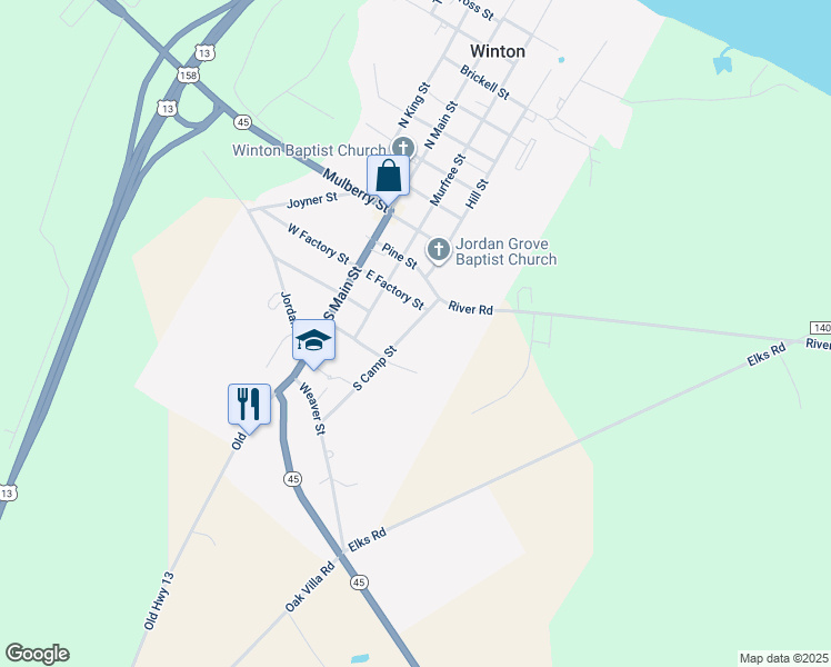 map of restaurants, bars, coffee shops, grocery stores, and more near 305 South Camp Street in Winton