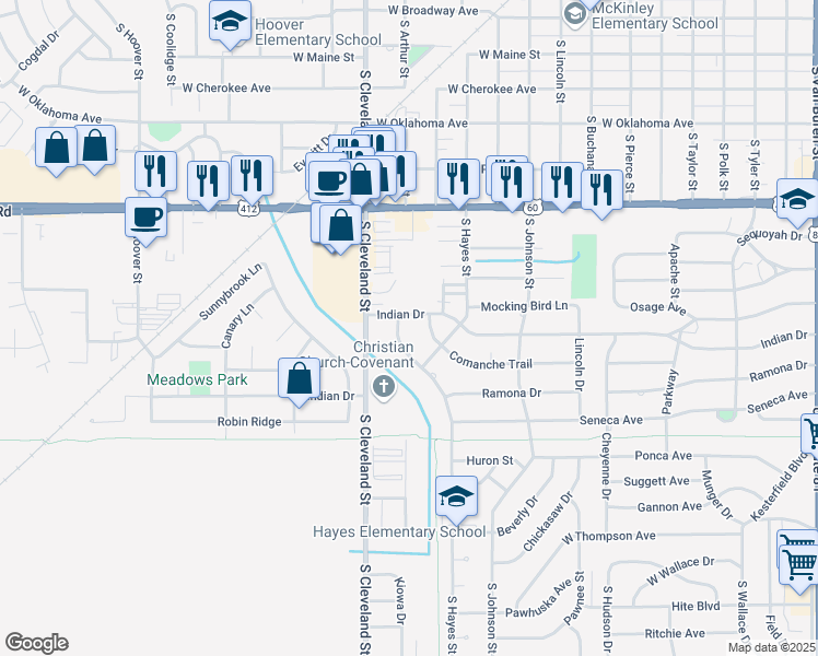map of restaurants, bars, coffee shops, grocery stores, and more near 1005 Indian Terrace in Enid