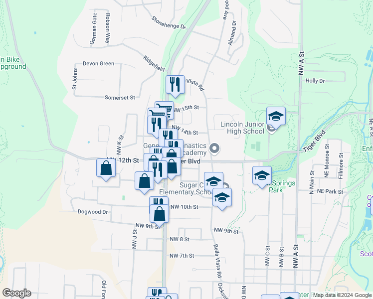 map of restaurants, bars, coffee shops, grocery stores, and more near 1235 Apple Glen Street in Bentonville