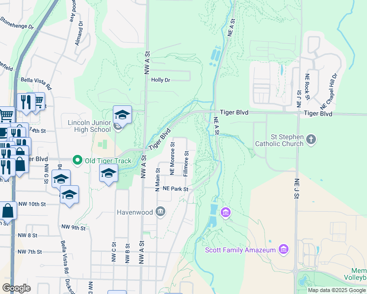 map of restaurants, bars, coffee shops, grocery stores, and more near 1244 Fillmore Street in Bentonville