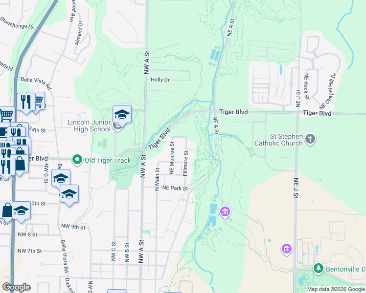 map of restaurants, bars, coffee shops, grocery stores, and more near 1213 Fillmore Street in Bentonville
