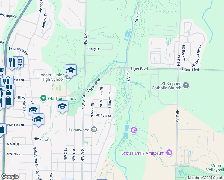 map of restaurants, bars, coffee shops, grocery stores, and more near 1244 Fillmore Street in Bentonville
