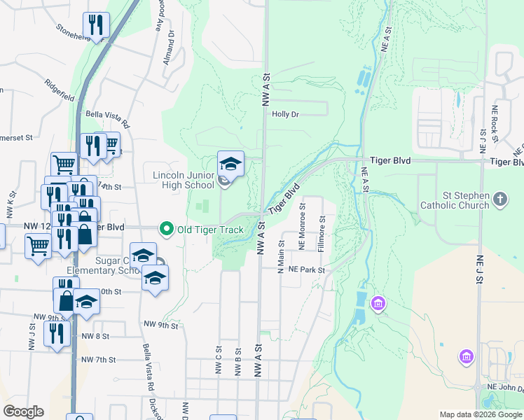 map of restaurants, bars, coffee shops, grocery stores, and more near 1223 Northwest A Street in Bentonville