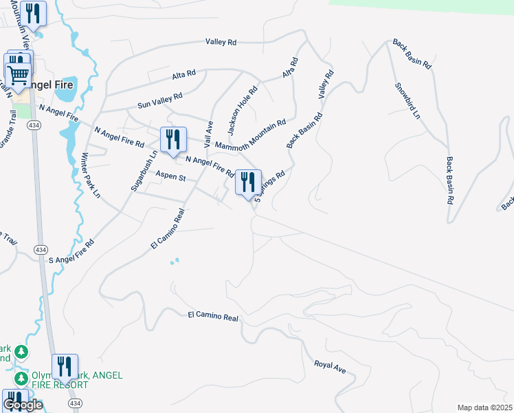 map of restaurants, bars, coffee shops, grocery stores, and more near 10 5 Springs Road in Angel Fire