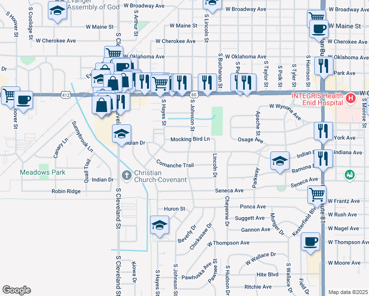 map of restaurants, bars, coffee shops, grocery stores, and more near 1902 Indian Drive in Enid