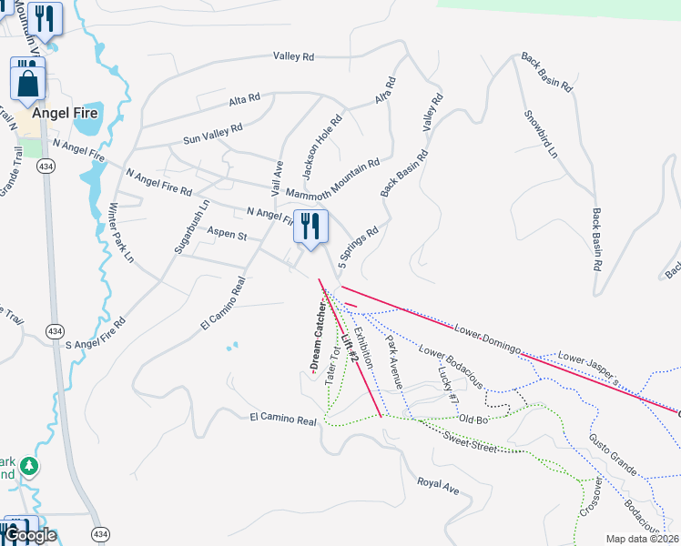 map of restaurants, bars, coffee shops, grocery stores, and more near 10 5 Springs Road in Angel Fire