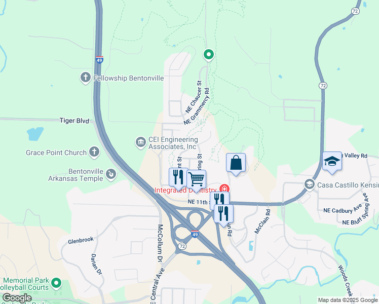 map of restaurants, bars, coffee shops, grocery stores, and more near 1408 Cresent Street in Bentonville