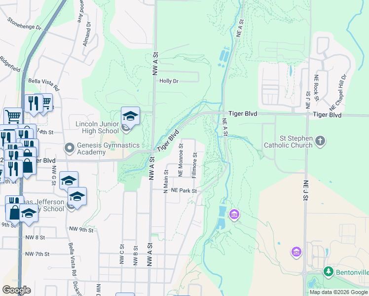 map of restaurants, bars, coffee shops, grocery stores, and more near 1241 Northeast Monroe Street in Bentonville