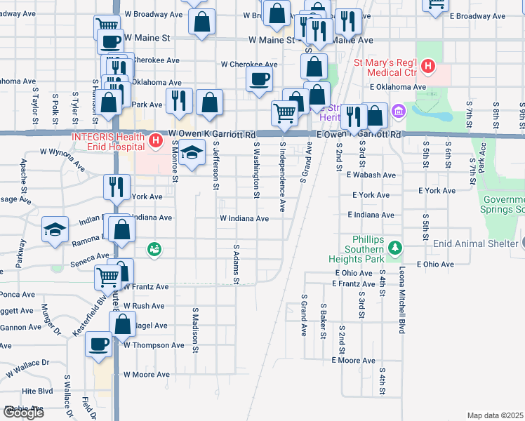 map of restaurants, bars, coffee shops, grocery stores, and more near 915 South Washington Street in Enid