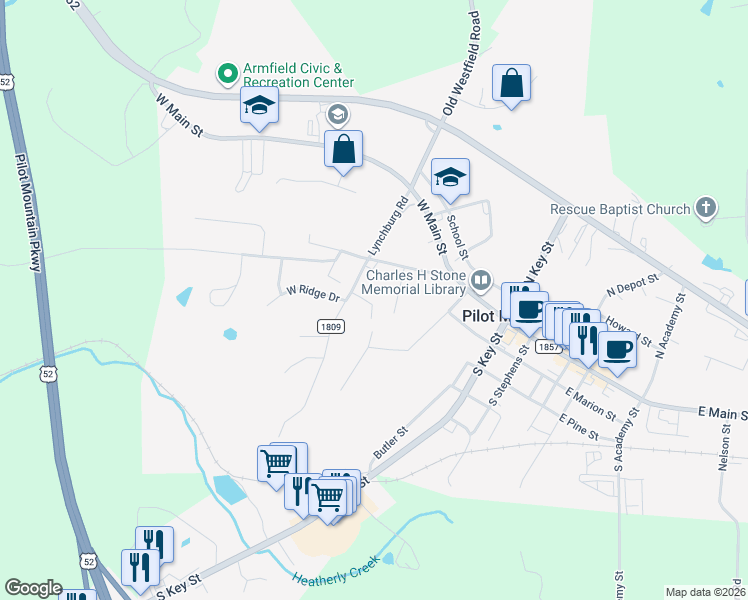 map of restaurants, bars, coffee shops, grocery stores, and more near 122 Blalock Court in Pilot Mountain