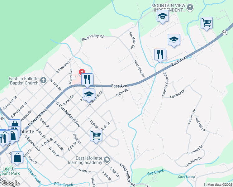 map of restaurants, bars, coffee shops, grocery stores, and more near 1117 East Elm Street in LaFollette