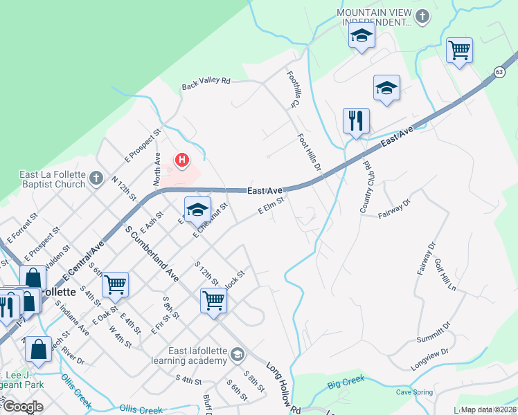 map of restaurants, bars, coffee shops, grocery stores, and more near 1117 East Elm Street in LaFollette