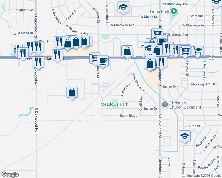 map of restaurants, bars, coffee shops, grocery stores, and more near 2920 Sunnybrook Lane in Enid