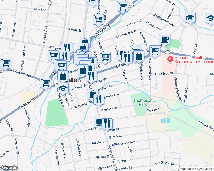 map of restaurants, bars, coffee shops, grocery stores, and more near 204 East Bledsoe Street in Gallatin