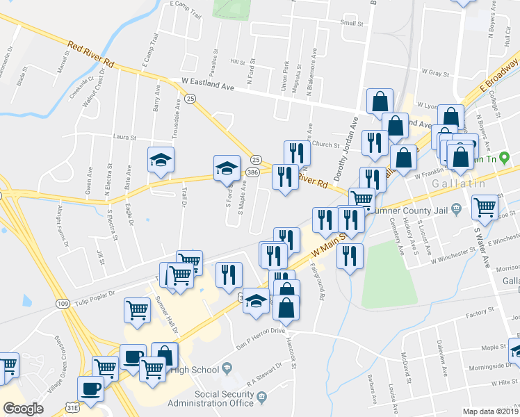 map of restaurants, bars, coffee shops, grocery stores, and more near 573 Long Hollow Pike in Gallatin