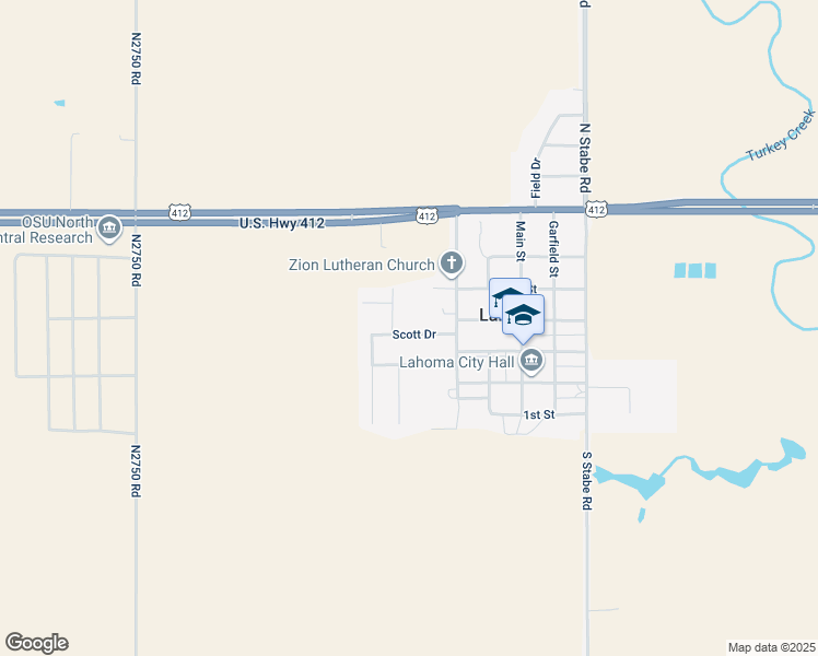 map of restaurants, bars, coffee shops, grocery stores, and more near 400 Scott Drive in Lahoma