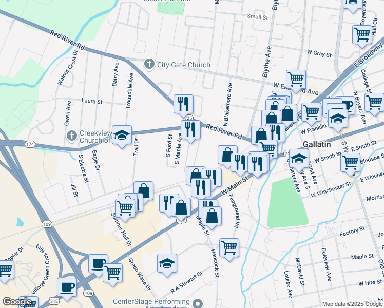 map of restaurants, bars, coffee shops, grocery stores, and more near 573 Long Hollow Pike in Gallatin