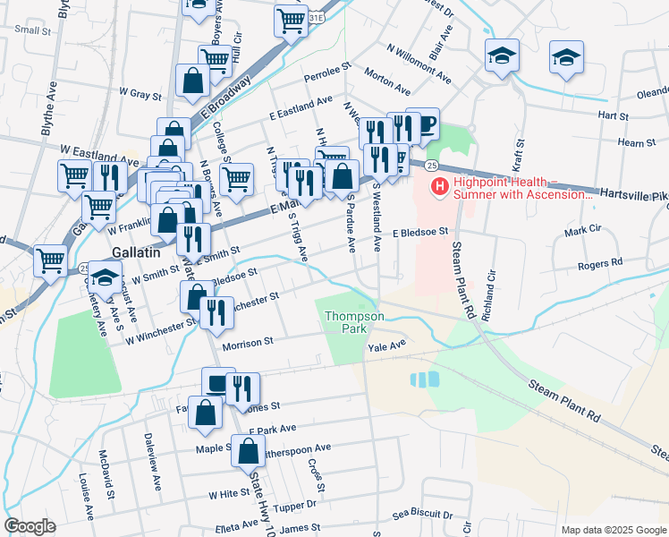 map of restaurants, bars, coffee shops, grocery stores, and more near 334 East Winchester Street in Gallatin