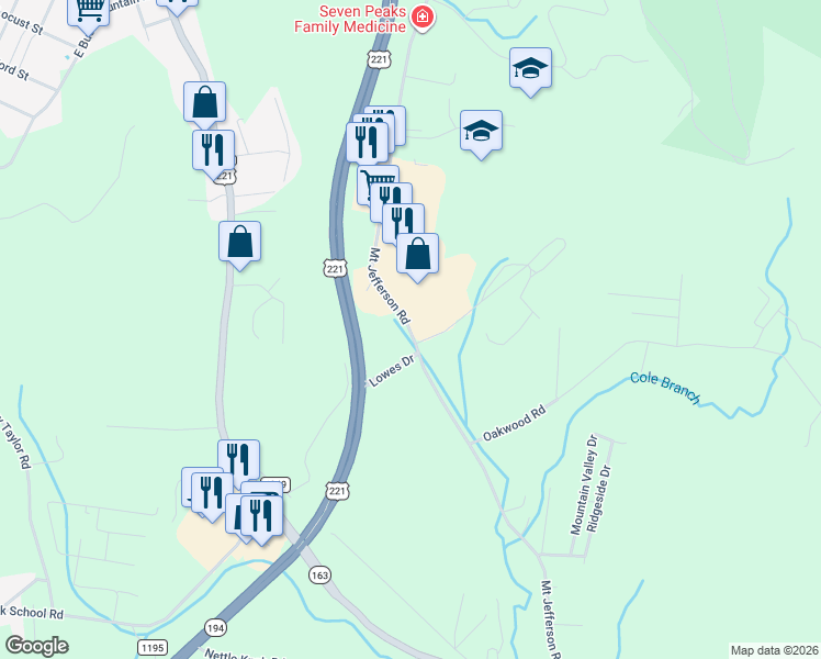 map of restaurants, bars, coffee shops, grocery stores, and more near 1604 Mount Jefferson Road in West Jefferson