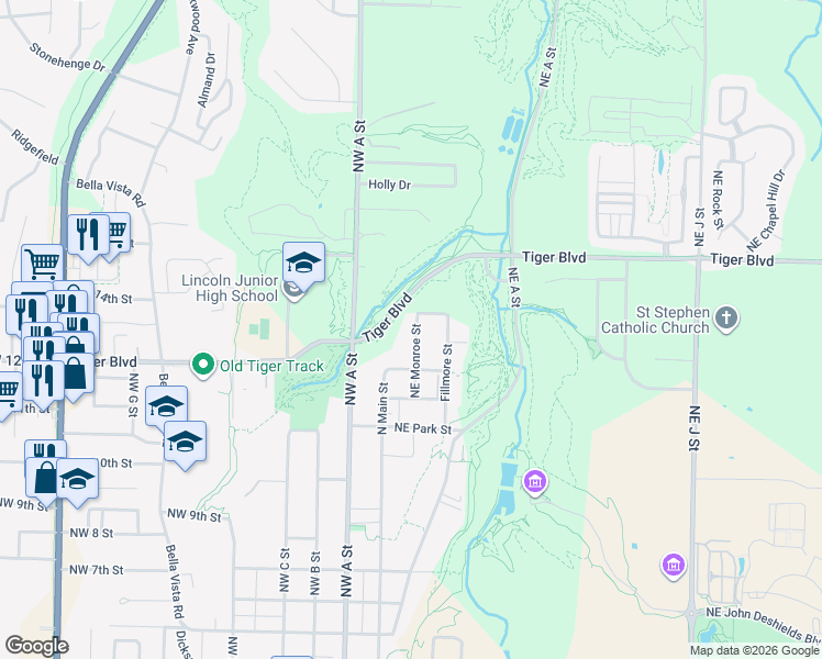 map of restaurants, bars, coffee shops, grocery stores, and more near 1241 Northeast Monroe Street in Bentonville