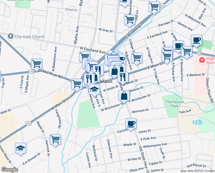 map of restaurants, bars, coffee shops, grocery stores, and more near 123 South Foster Avenue in Gallatin